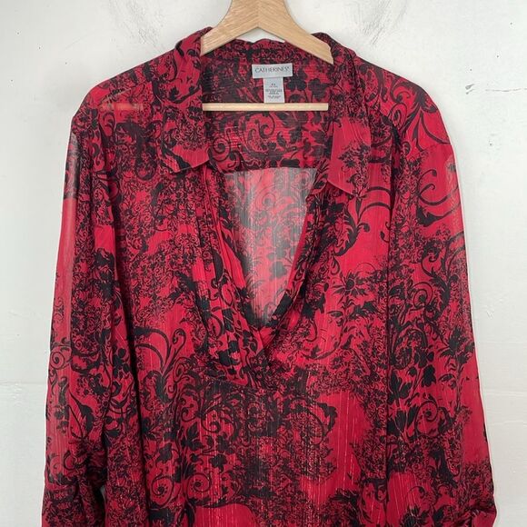 Catherines Red and Black Oversized Blouse pullover v neck sheer size 4X - Picture 2 of 12